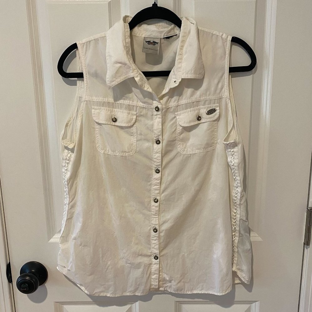 Harley Davidson White Rhinestone Loose Tank Blouse -‎ Size M/L
